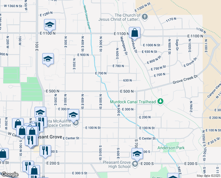 map of restaurants, bars, coffee shops, grocery stores, and more near 557 East 500 North in Pleasant Grove