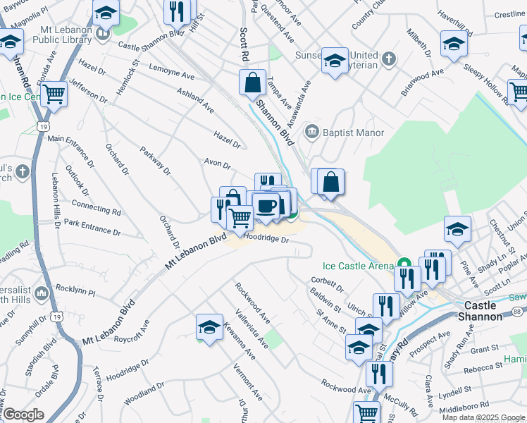 map of restaurants, bars, coffee shops, grocery stores, and more near 315 Mount Lebanon Boulevard in Pittsburgh