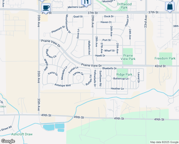 map of restaurants, bars, coffee shops, grocery stores, and more near 4205 Buffalo Trail in Evans