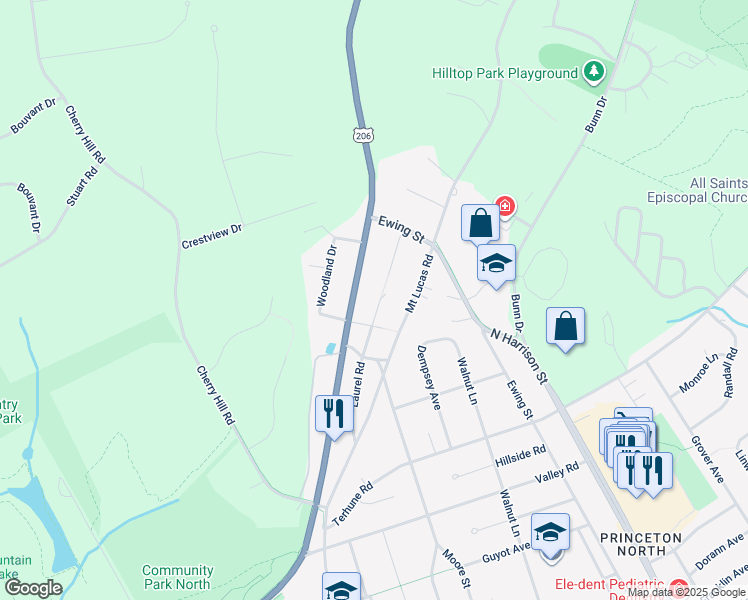 map of restaurants, bars, coffee shops, grocery stores, and more near 140 Laurel Road in Princeton