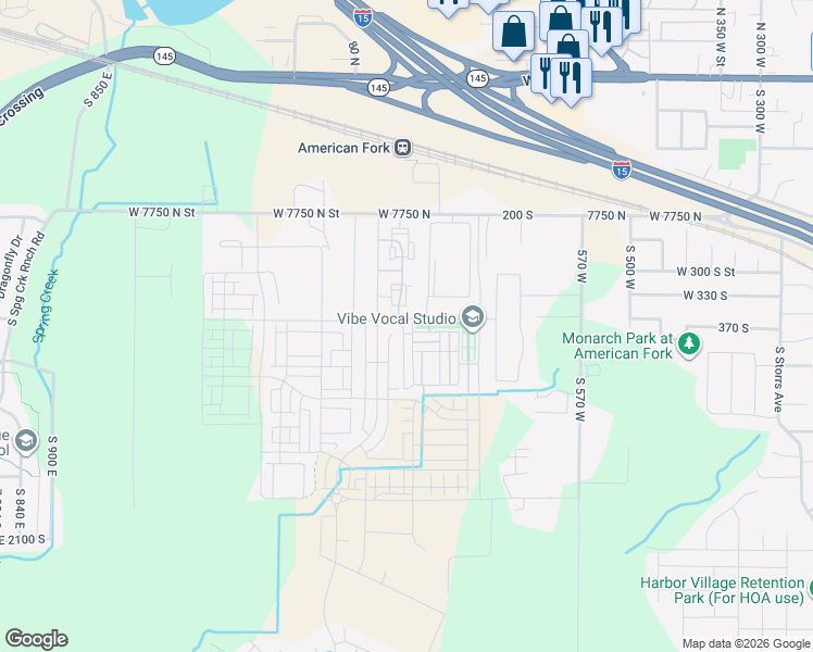 map of restaurants, bars, coffee shops, grocery stores, and more near 372 Willow Leaf Road in American Fork