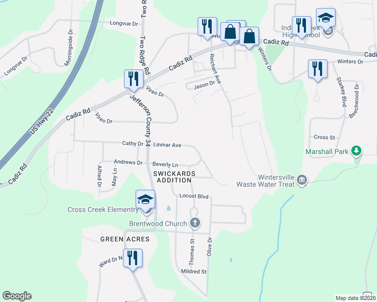 map of restaurants, bars, coffee shops, grocery stores, and more near 141 Linmar Avenue in Steubenville