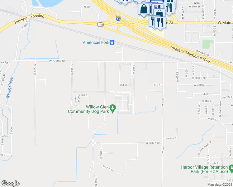 map of restaurants, bars, coffee shops, grocery stores, and more near 372 Willow Leaf Road in American Fork
