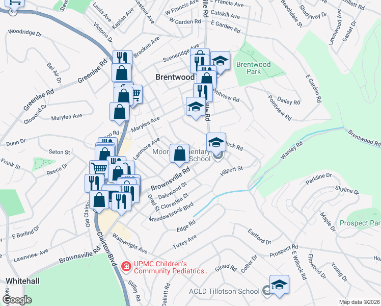 map of restaurants, bars, coffee shops, grocery stores, and more near 3844 Lawnview Avenue in Brentwood