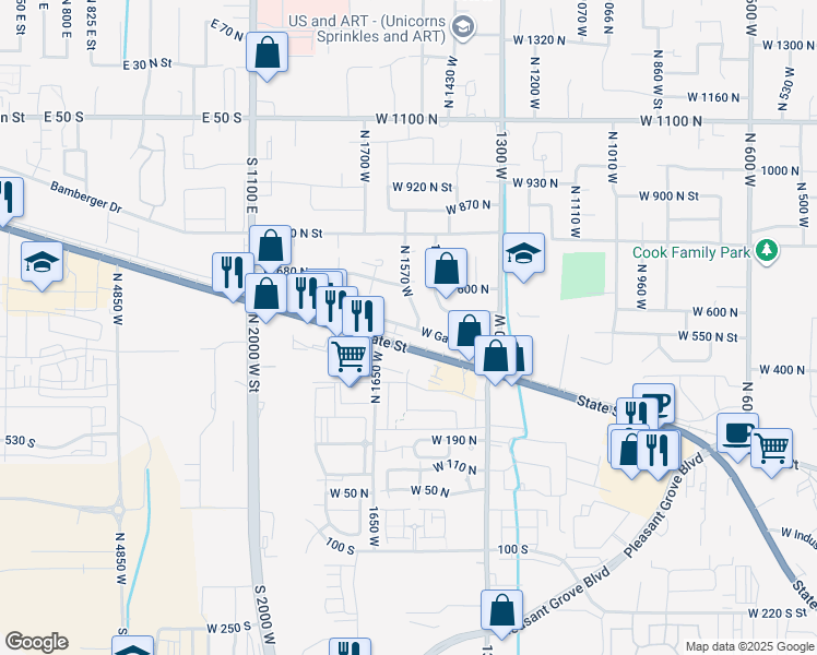 map of restaurants, bars, coffee shops, grocery stores, and more near 1591 West Garden Drive in Pleasant Grove