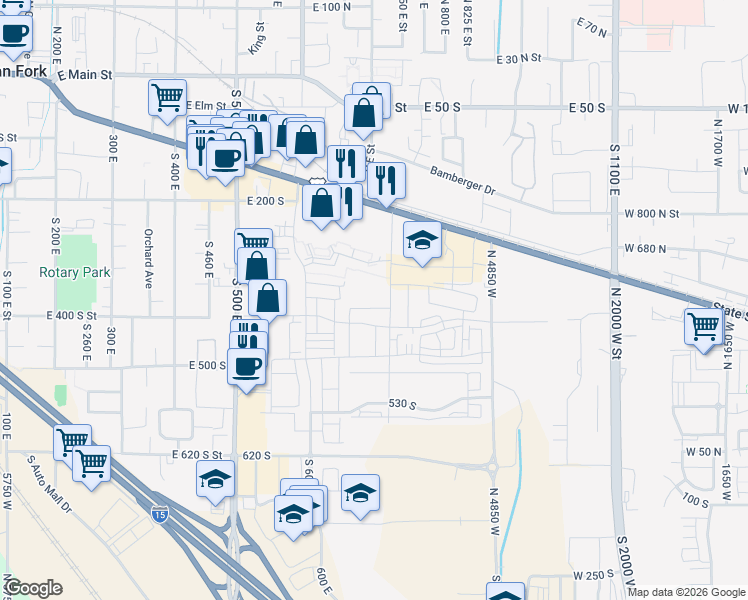 map of restaurants, bars, coffee shops, grocery stores, and more near 711 380 South in American Fork