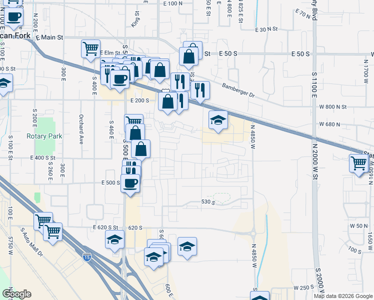 map of restaurants, bars, coffee shops, grocery stores, and more near 711 380 South in American Fork