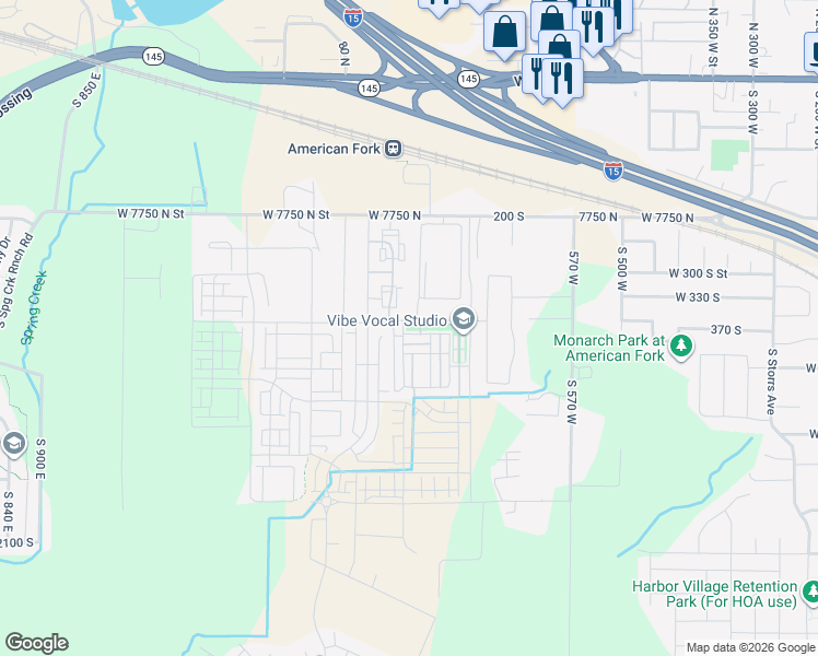 map of restaurants, bars, coffee shops, grocery stores, and more near 372 Willow Leaf Road in American Fork