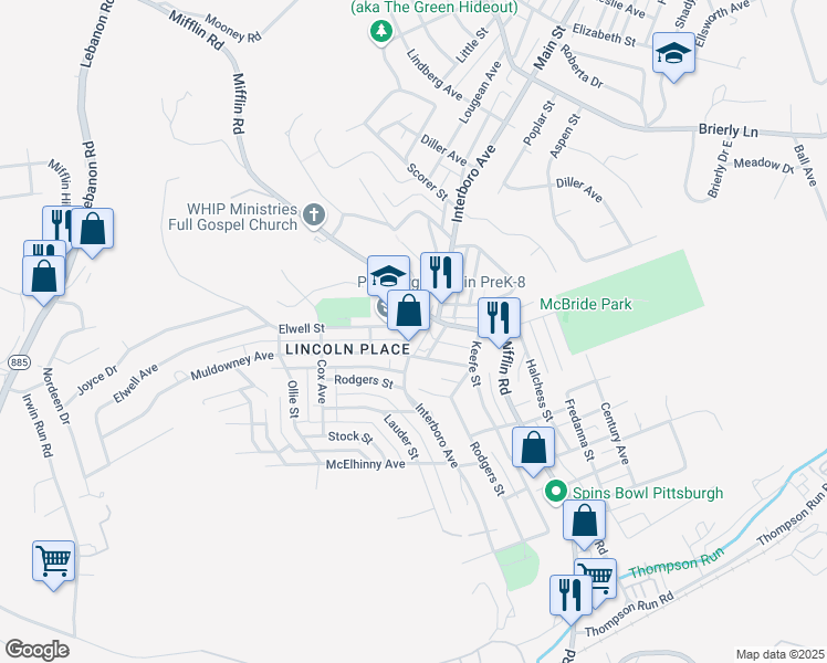 map of restaurants, bars, coffee shops, grocery stores, and more near 5403 Mere Street in Pittsburgh