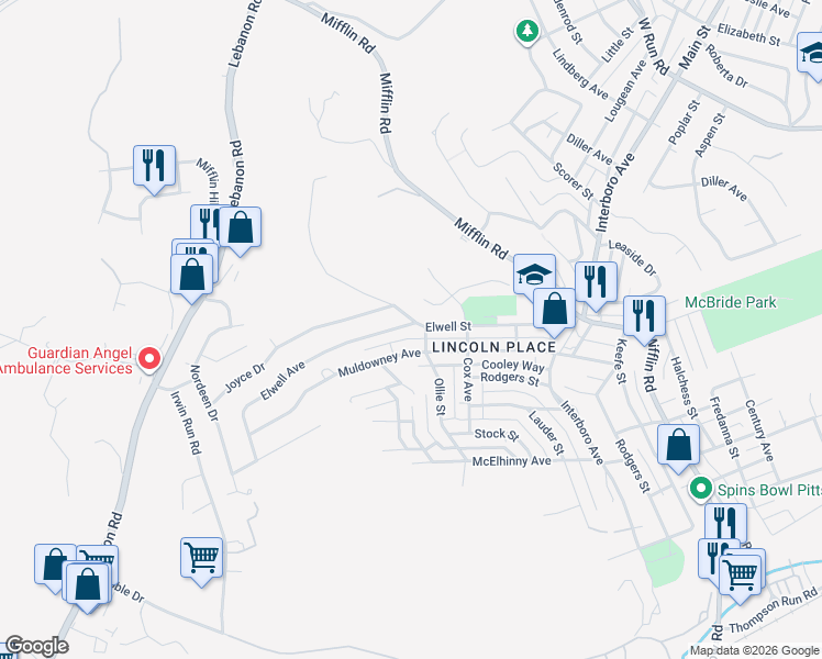 map of restaurants, bars, coffee shops, grocery stores, and more near 1034 Elwell Street in Pittsburgh