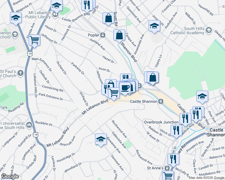map of restaurants, bars, coffee shops, grocery stores, and more near 44 Brucewood Drive in Pittsburgh