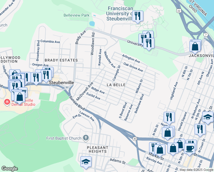 map of restaurants, bars, coffee shops, grocery stores, and more near 510 Carnegie Street in Steubenville