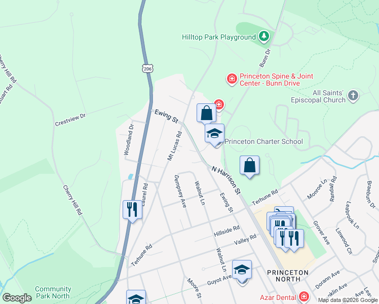 map of restaurants, bars, coffee shops, grocery stores, and more near 580 Ewing Street in Princeton