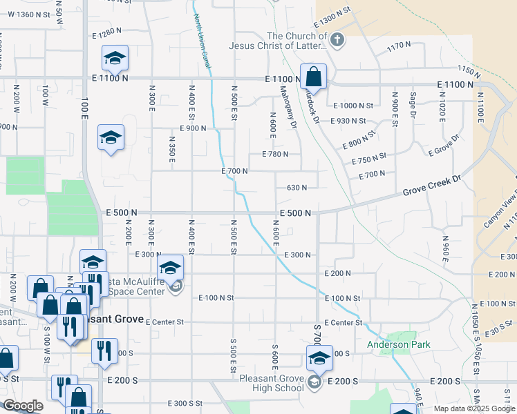 map of restaurants, bars, coffee shops, grocery stores, and more near 563 East 500 North in Pleasant Grove