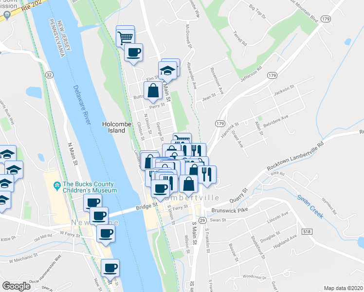 map of restaurants, bars, coffee shops, grocery stores, and more near 94 North Main Street in Lambertville