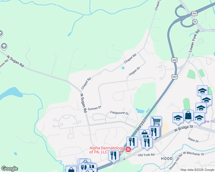 map of restaurants, bars, coffee shops, grocery stores, and more near 95 Sunset Drive in New Hope