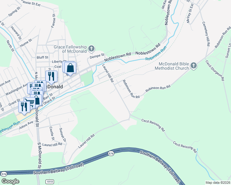 map of restaurants, bars, coffee shops, grocery stores, and more near 1217 Laurel Hill Road in McDonald