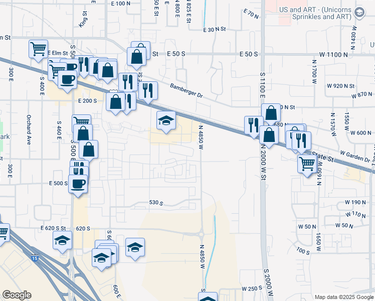 map of restaurants, bars, coffee shops, grocery stores, and more near 842 East 340 South in American Fork