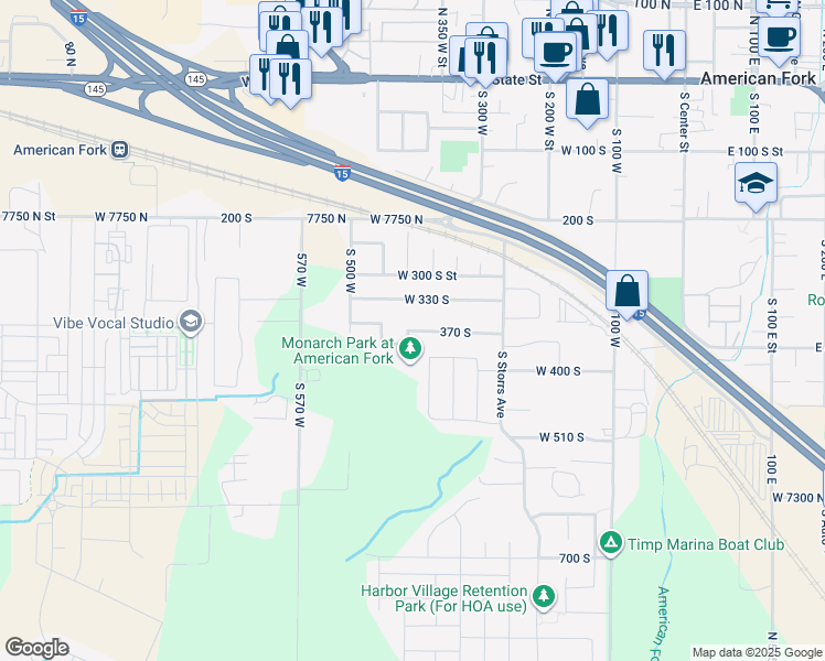 map of restaurants, bars, coffee shops, grocery stores, and more near 391 370 South in American Fork