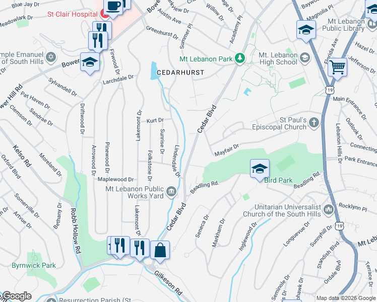 map of restaurants, bars, coffee shops, grocery stores, and more near 1158 Cedar Boulevard in Pittsburgh