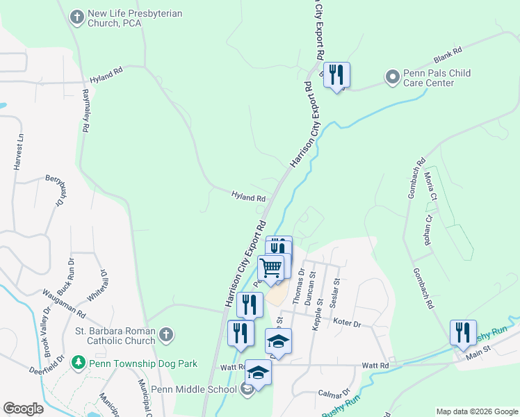 map of restaurants, bars, coffee shops, grocery stores, and more near 1105 Harrison City Export Road in Jeannette