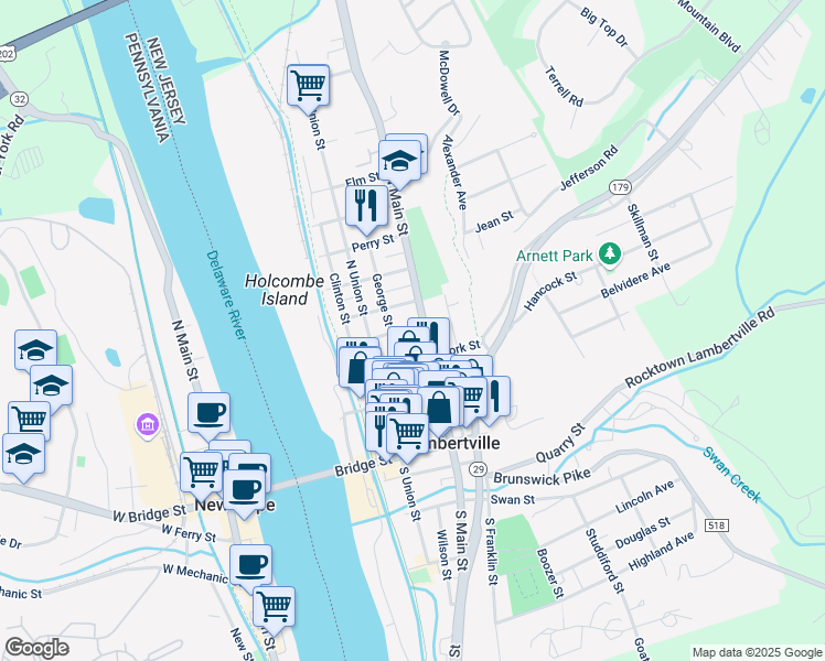 map of restaurants, bars, coffee shops, grocery stores, and more near 51 Delevan Street in Lambertville