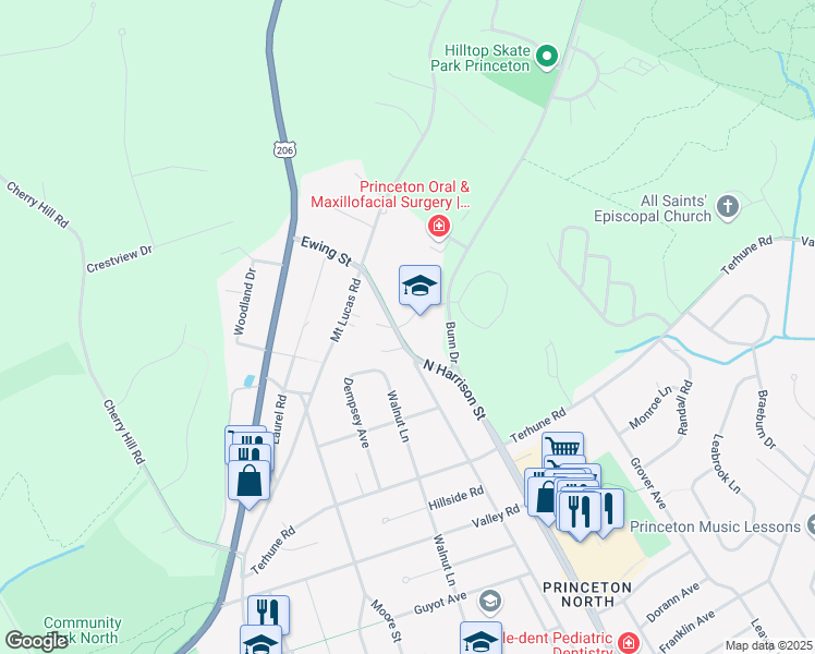 map of restaurants, bars, coffee shops, grocery stores, and more near 575 Ewing Street in Princeton