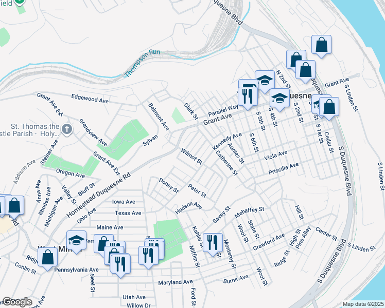 map of restaurants, bars, coffee shops, grocery stores, and more near 1032 Sherman Avenue in Duquesne