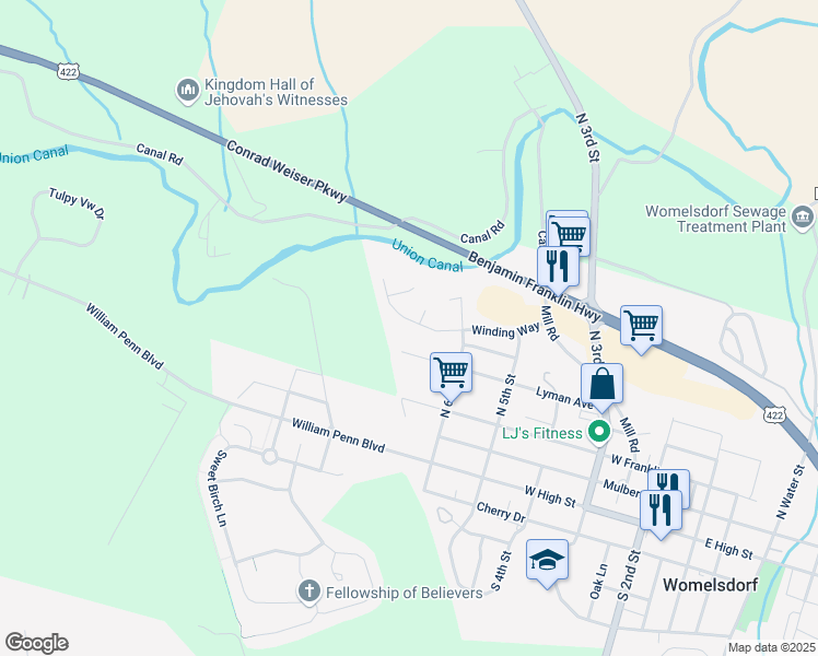 map of restaurants, bars, coffee shops, grocery stores, and more near 319 Winding Way in Womelsdorf