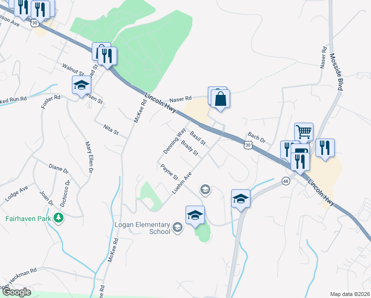 map of restaurants, bars, coffee shops, grocery stores, and more near 1610 Brady Street in North Versailles
