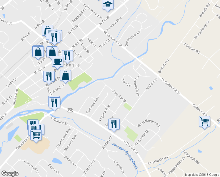 map of restaurants, bars, coffee shops, grocery stores, and more near 339 E Market St in Perkasie