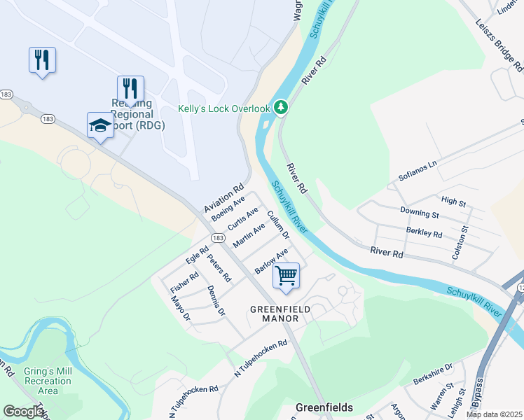 map of restaurants, bars, coffee shops, grocery stores, and more near 2119 Cullum Drive in Reading