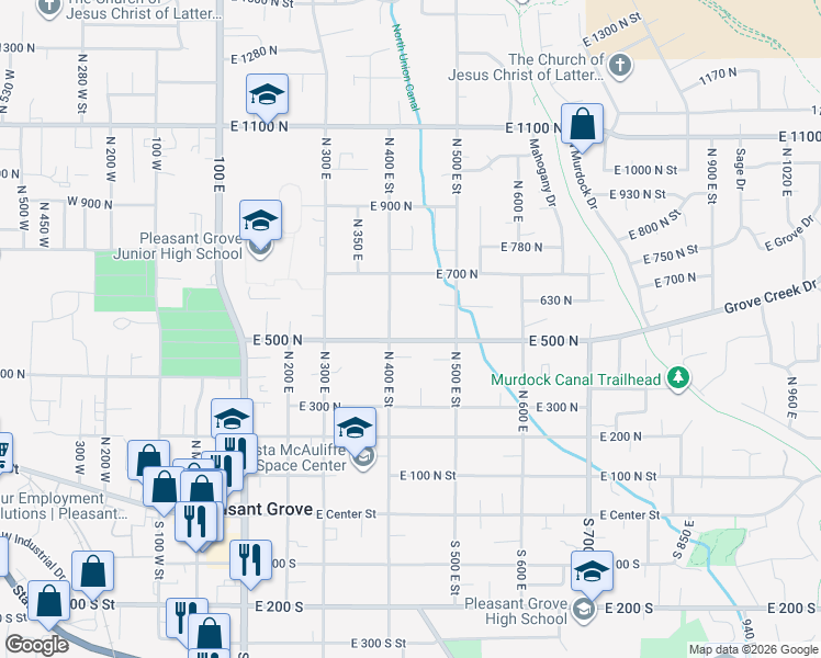 map of restaurants, bars, coffee shops, grocery stores, and more near 425 East 500 North in Pleasant Grove