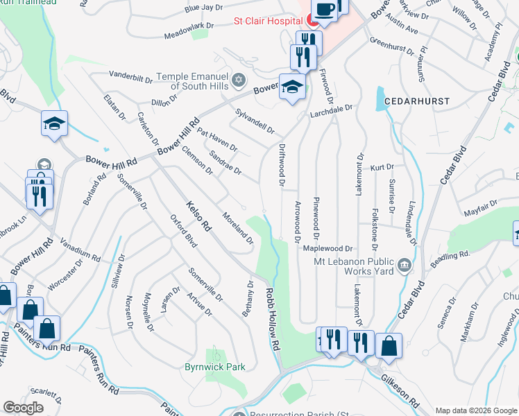 map of restaurants, bars, coffee shops, grocery stores, and more near 115 Robb Hollow Road in Pittsburgh
