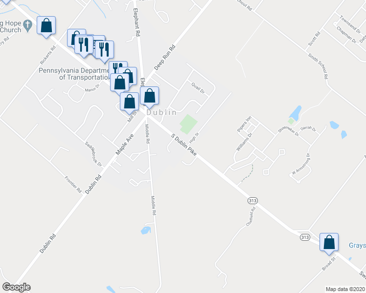 map of restaurants, bars, coffee shops, grocery stores, and more near 150 South Main Street in Dublin