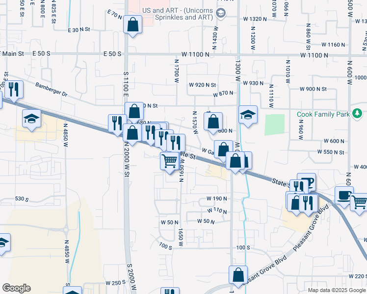 map of restaurants, bars, coffee shops, grocery stores, and more near 1591 West Garden Drive in Pleasant Grove