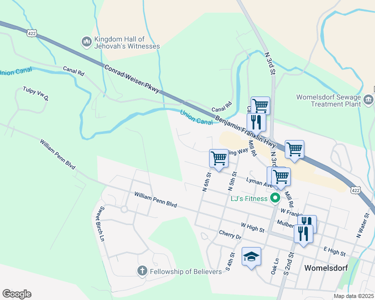 map of restaurants, bars, coffee shops, grocery stores, and more near 319 Winding Way in Womelsdorf