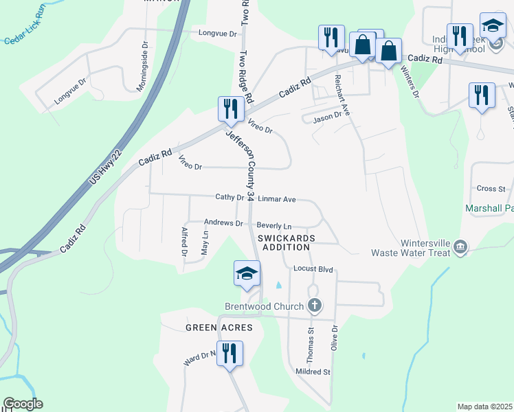 map of restaurants, bars, coffee shops, grocery stores, and more near 300 Bantam Ridge Road in Wintersville