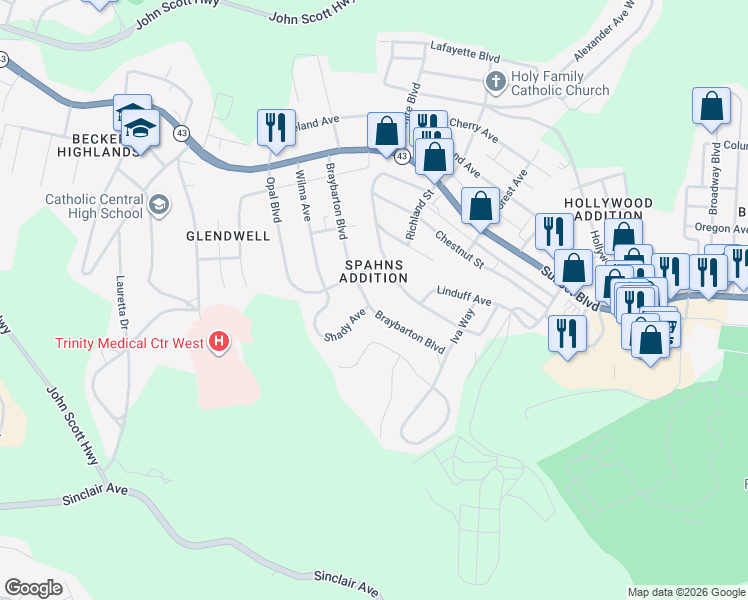 map of restaurants, bars, coffee shops, grocery stores, and more near 310 Braybarton Boulevard in Steubenville