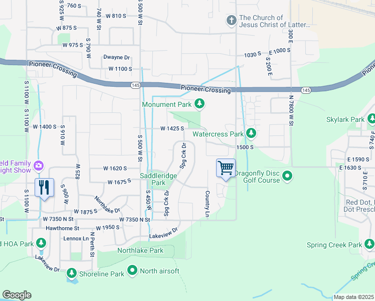 map of restaurants, bars, coffee shops, grocery stores, and more near 1515 Spring Creek Drive West in Lehi