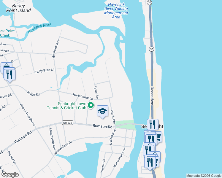 map of restaurants, bars, coffee shops, grocery stores, and more near 20 North Ward Avenue in Rumson