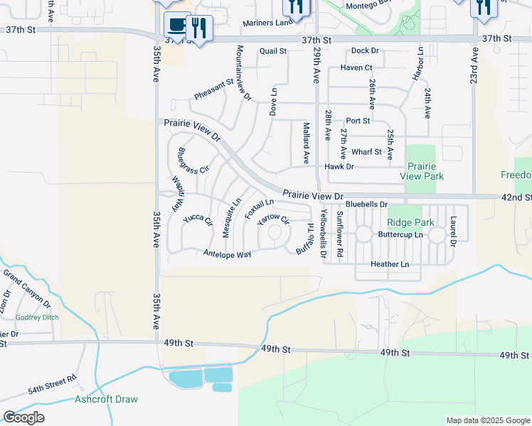 map of restaurants, bars, coffee shops, grocery stores, and more near 3073 Yarrow Circle in Evans