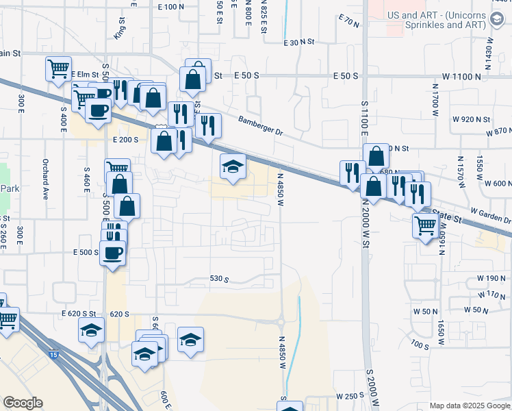 map of restaurants, bars, coffee shops, grocery stores, and more near 842 East 340 South in American Fork