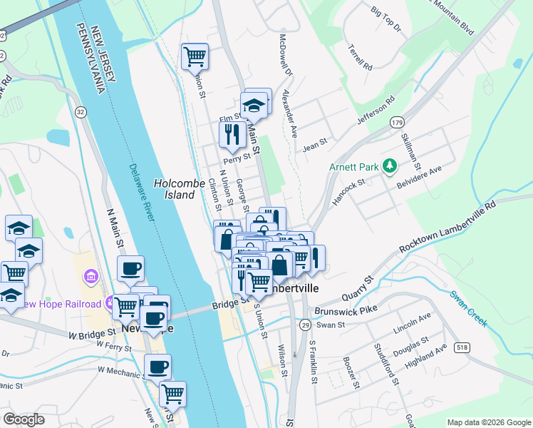 map of restaurants, bars, coffee shops, grocery stores, and more near 51 Delevan Street in Lambertville
