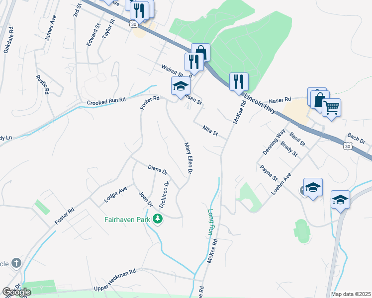 map of restaurants, bars, coffee shops, grocery stores, and more near 223 Mary Ellen Drive in North Versailles