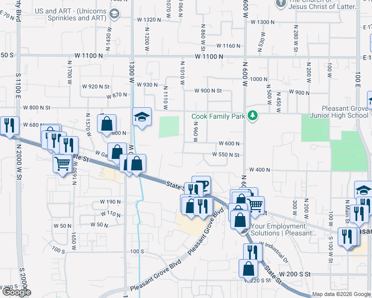 map of restaurants, bars, coffee shops, grocery stores, and more near 1006 West 550 North Street in Pleasant Grove