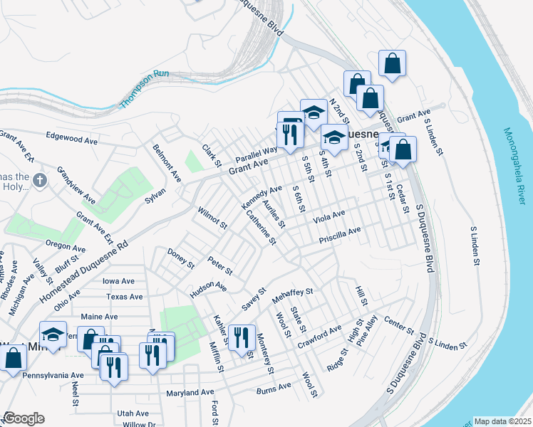 map of restaurants, bars, coffee shops, grocery stores, and more near 409 Catherine Street in Duquesne