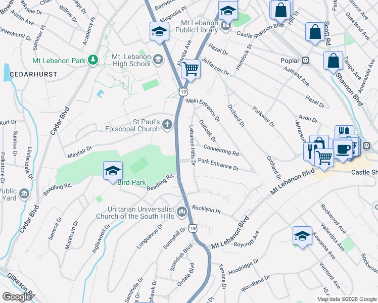 map of restaurants, bars, coffee shops, grocery stores, and more near 1105 Washington Road in Pittsburgh
