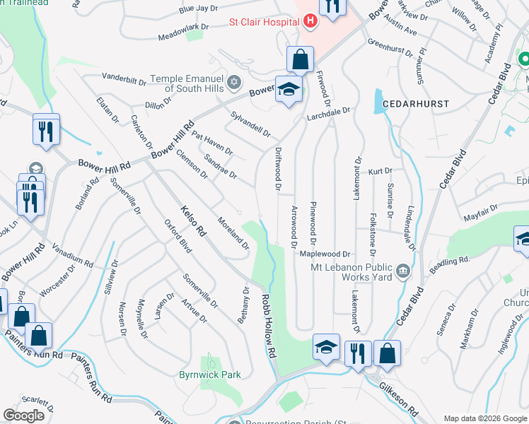 map of restaurants, bars, coffee shops, grocery stores, and more near 115 Robb Hollow Road in Pittsburgh