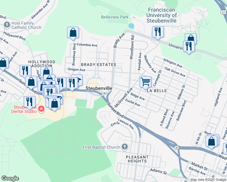 map of restaurants, bars, coffee shops, grocery stores, and more near 104 Brady Circle West in Steubenville